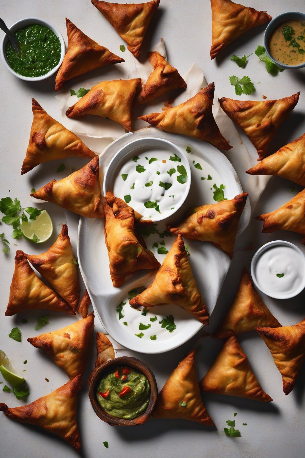 A high-resolution photo of charred tandoori chicken samosas arranged pyramid-style, yogurt dip nearby, under soft lighting.