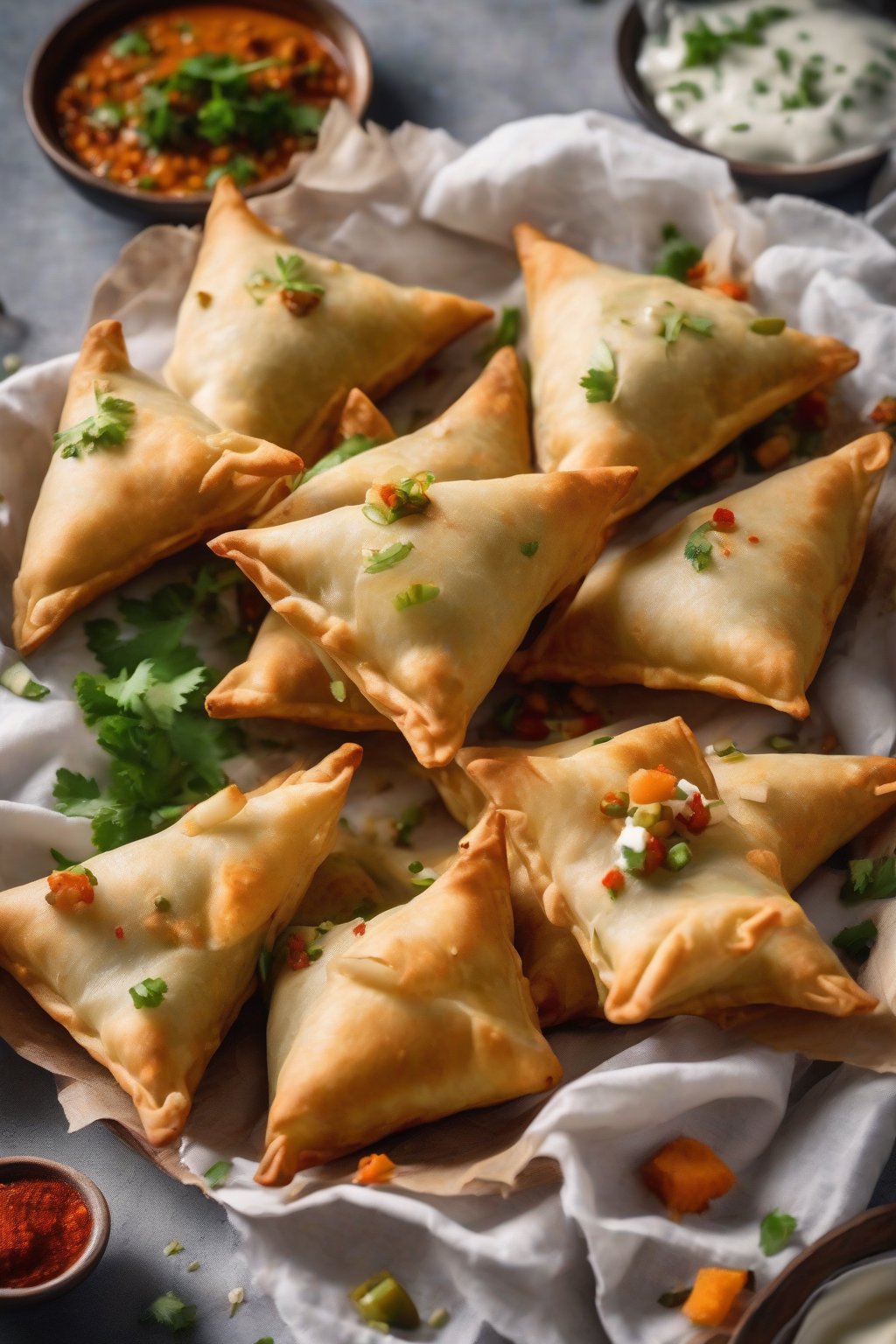 A high-resolution photo of creamy paneer samosas with visible cheese chunks, sprinkled with chaat masala, under soft lighting.