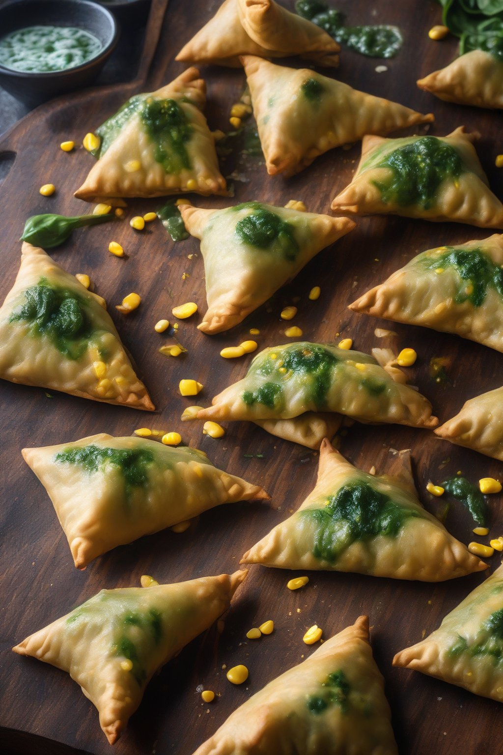 A high-resolution photo of green-flecked spinach corn samosas steaming on a wooden board, under soft lighting.