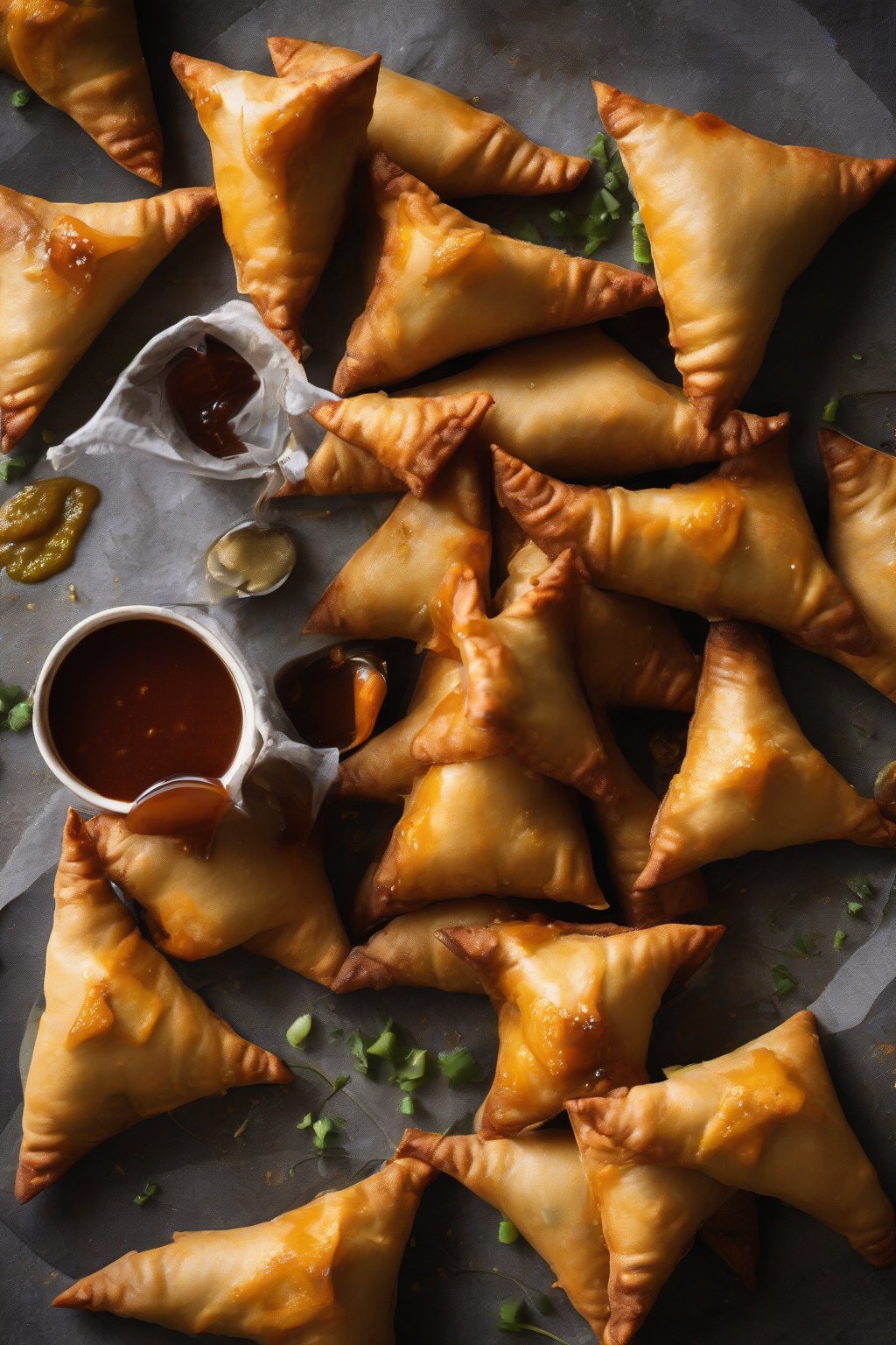 A high-resolution photo of orange-hued sweet potato samosas with chutney drizzle, close-up texture, under soft lighting.