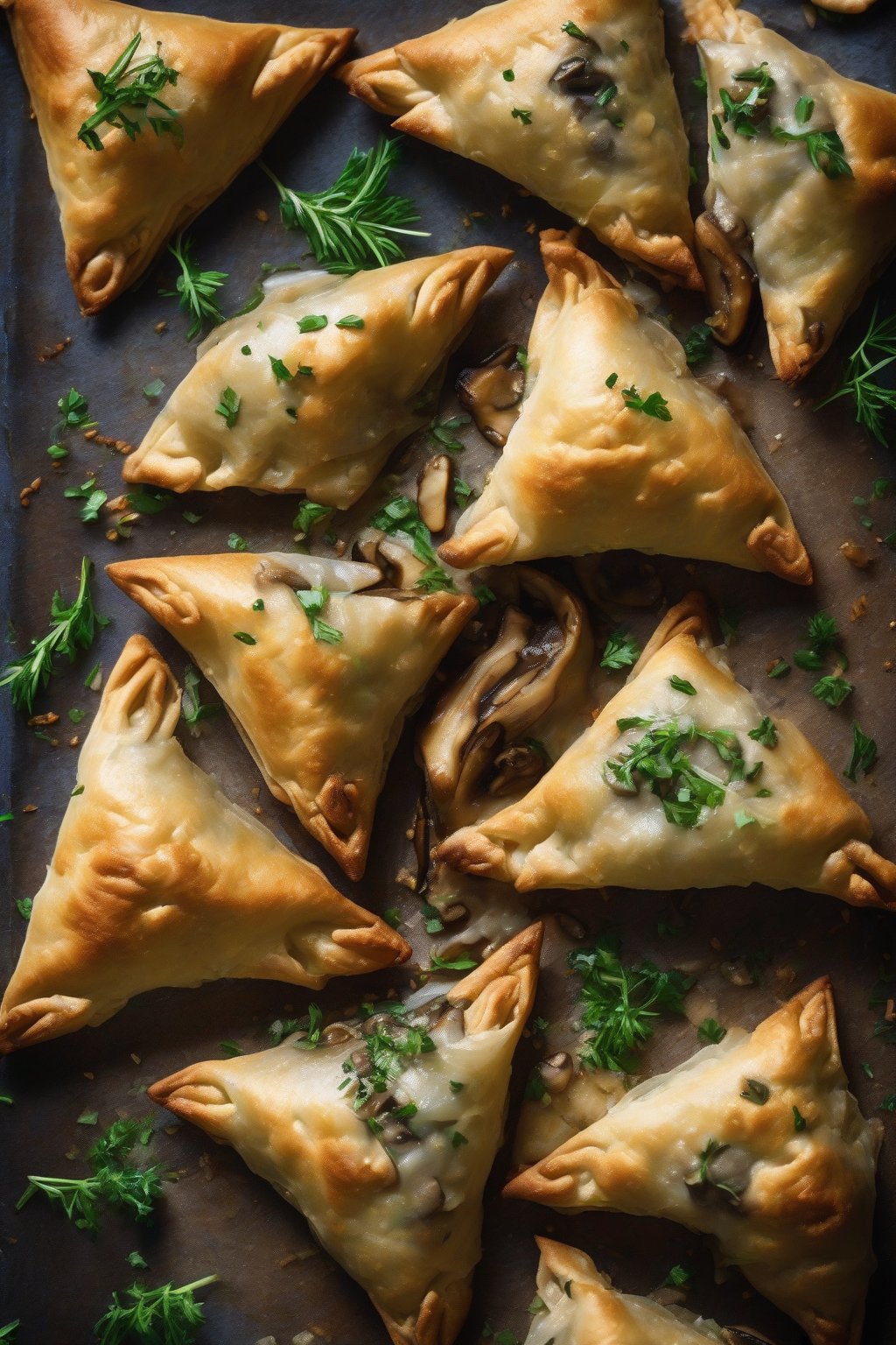 A high-resolution photo of flaky mushroom samosas sliced to show juicy filling, herbs on top, under soft lighting.