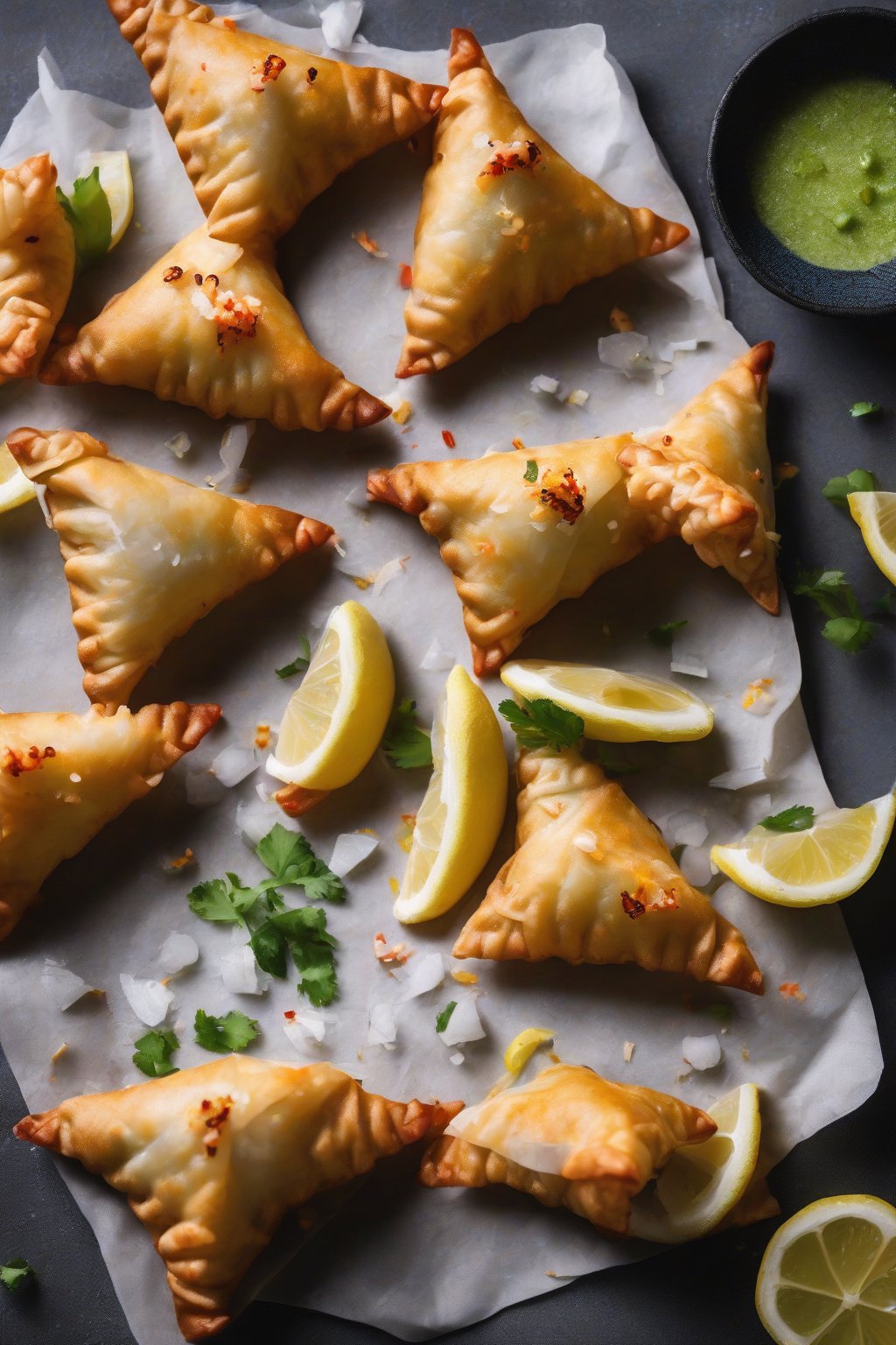 A high-resolution photo of prawn samosas with coconut flecks, lemon wedge aside, under soft lighting.