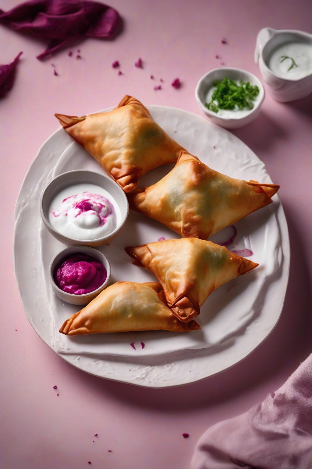 A high-resolution photo of pink beetroot samosas on a white plate, yogurt swirl garnish, under soft lighting.