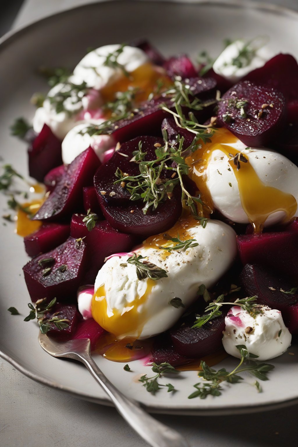 A high-resolution close-up photo of honey-roasted beet and burrata with thyme under soft lighting.