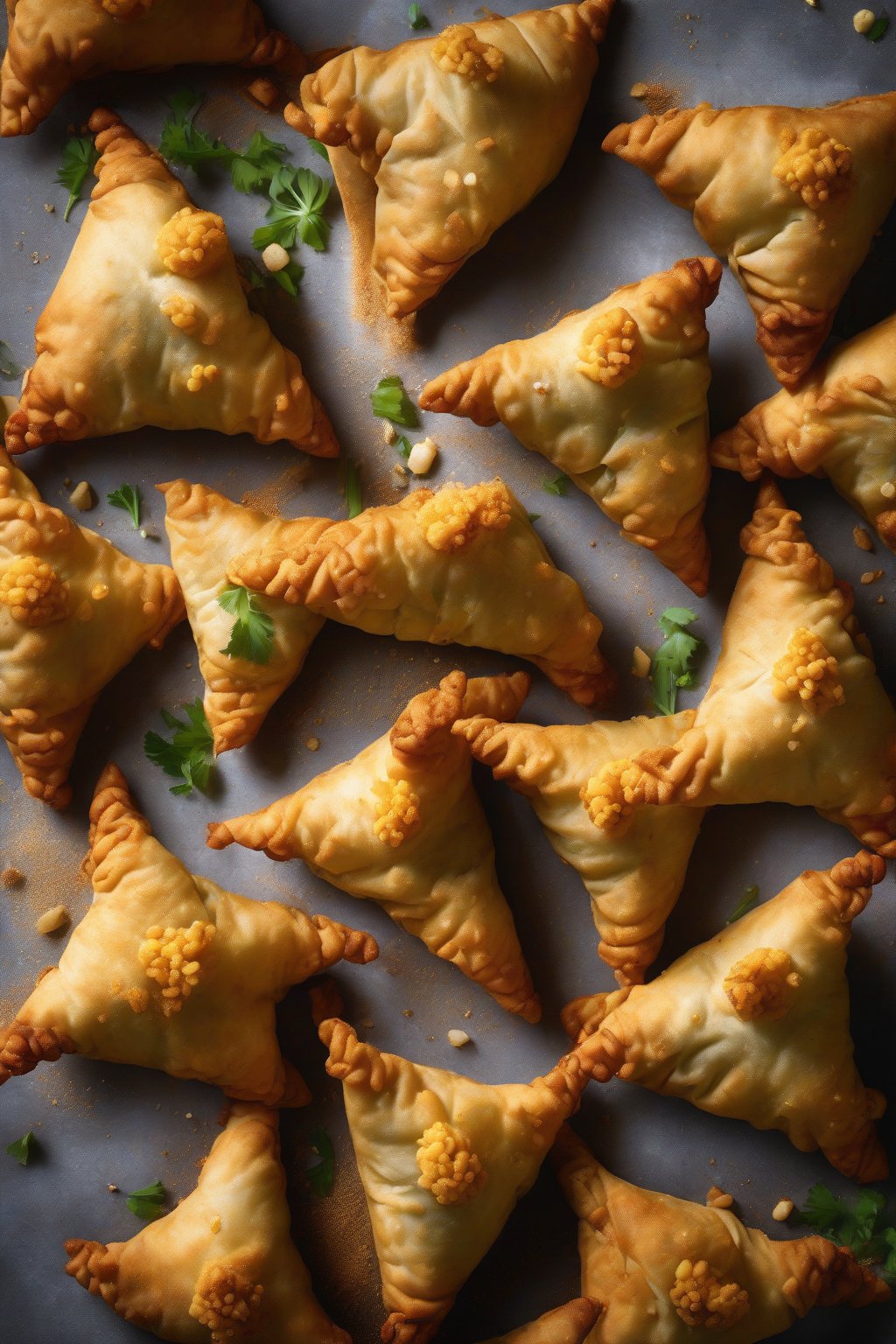 A high-resolution photo of golden cauliflower samosas piled high, spice dust visible, under soft lighting.