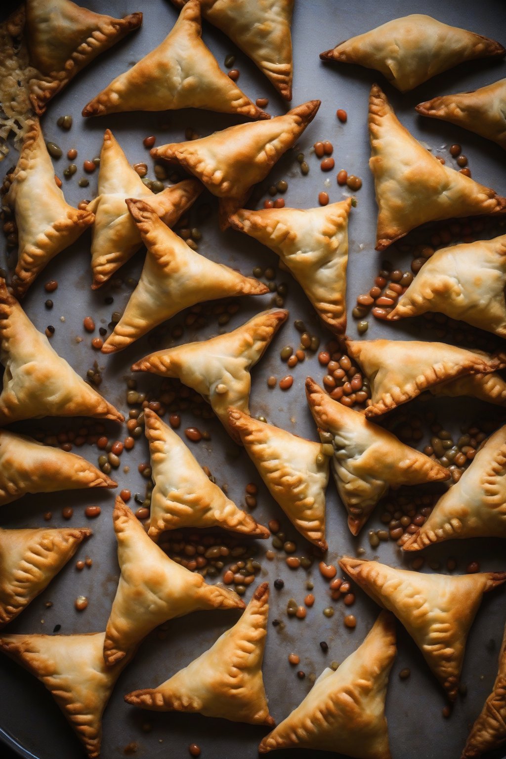 A high-resolution photo of lentil-stuffed samosas with tomatoey filling peeking out, under soft lighting.