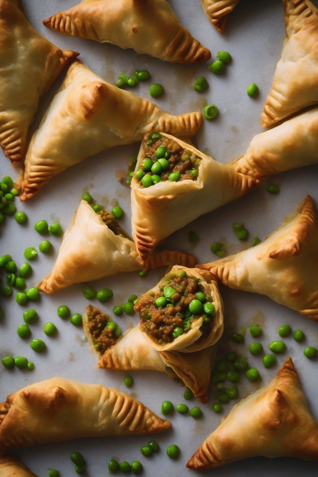 A high-resolution photo of keema matar samosas cut in half, peas dotting the filling, under soft lighting.