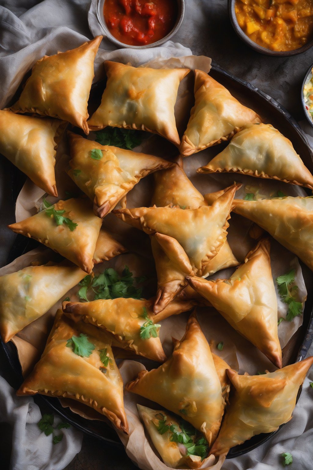 A high-resolution photo of baked mixed veg samosas golden and crisp, veggie medley inside, under soft lighting.