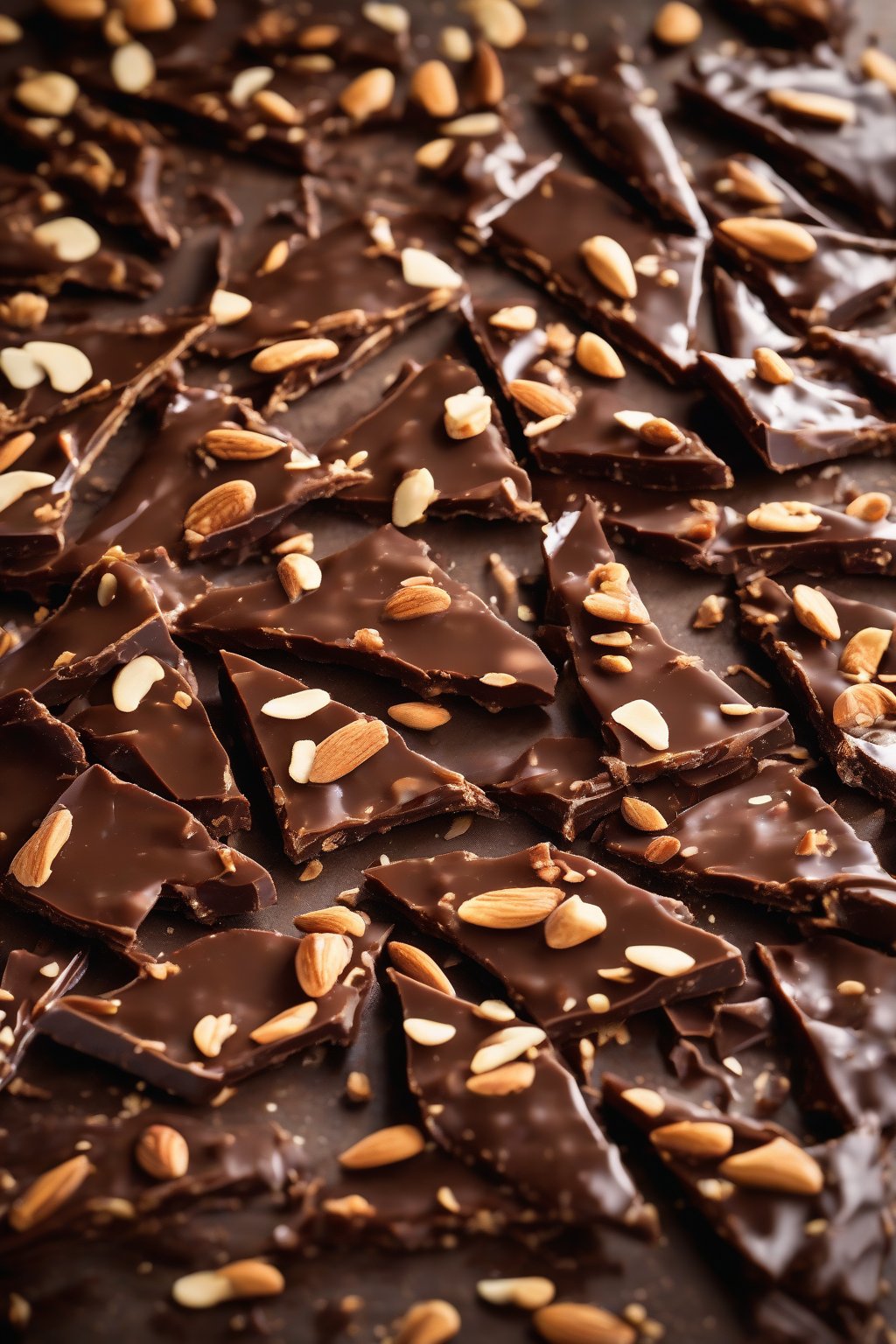 A high-resolution close-up photo of classic English toffee shards with melted chocolate and almonds under soft lighting.