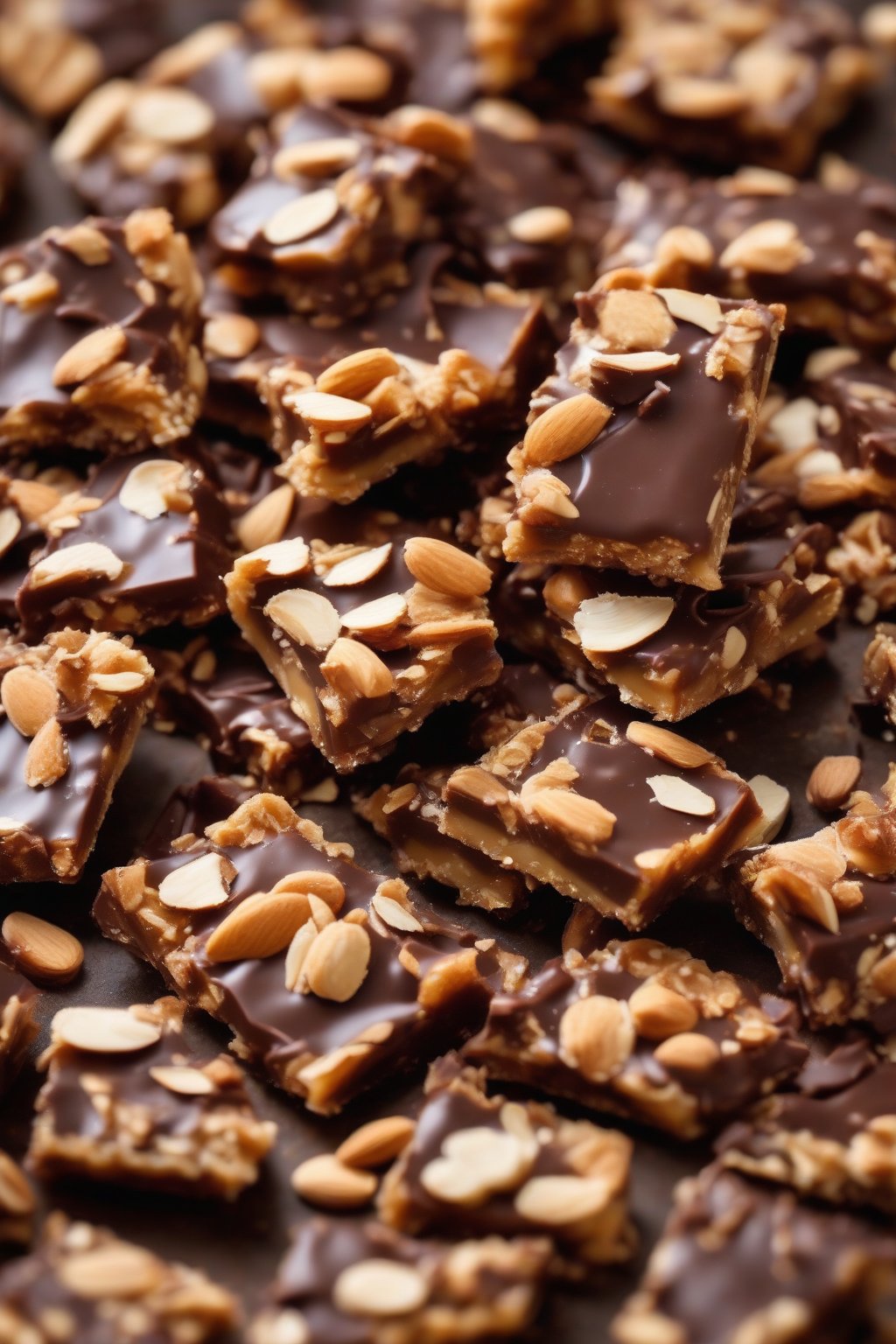A high-resolution close-up photo of almond crunch English toffee pieces glistening with chocolate under soft lighting.