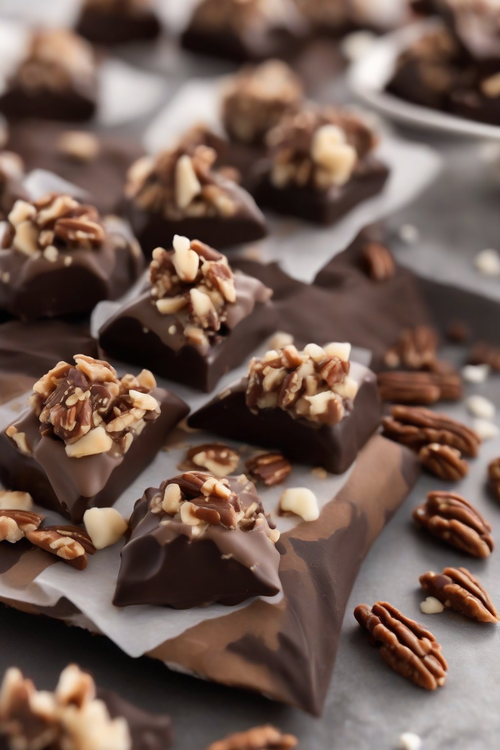 A high-resolution close-up photo of dark chocolate dipped English toffee bites with pecan accents under soft lighting.