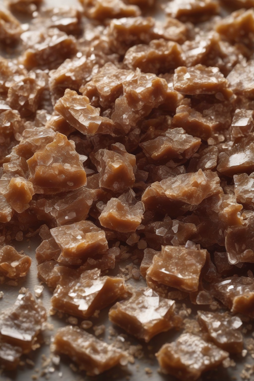 A high-resolution close-up photo of sea salted English toffee with glistening crystals under soft lighting.