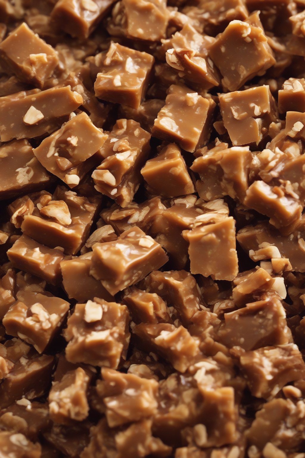 A high-resolution close-up photo of pecan praline English toffee chunks under soft lighting.