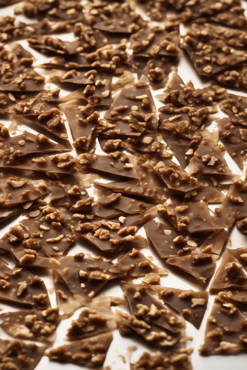 A high-resolution close-up photo of walnut-studded English toffee shards under soft lighting.