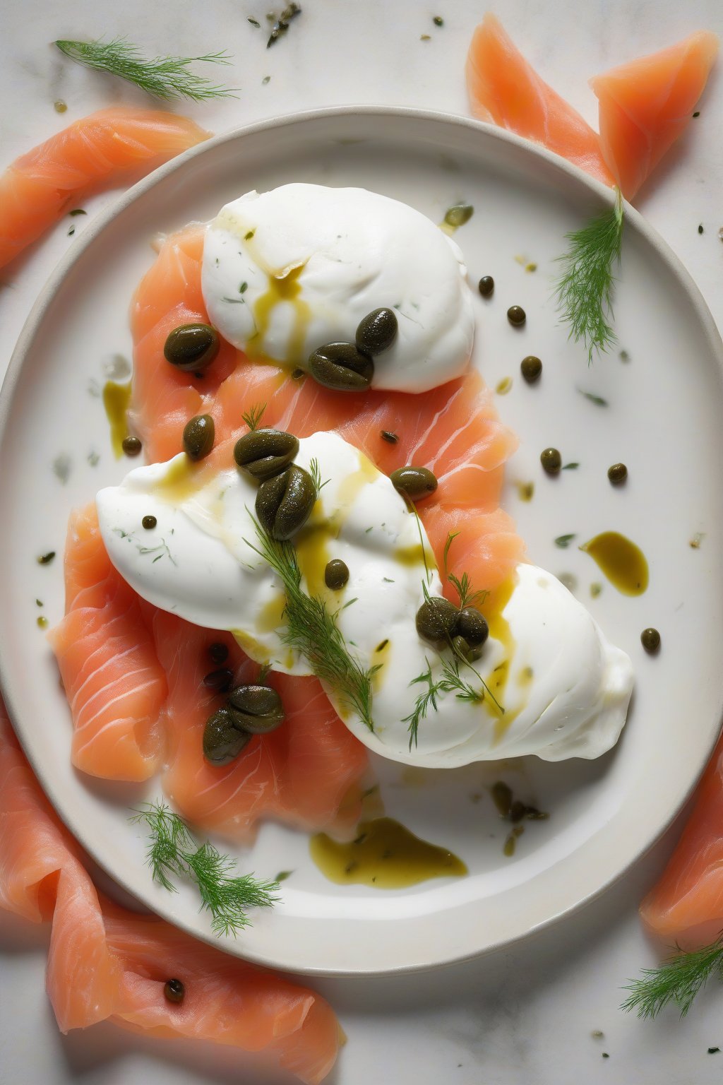A high-resolution close-up photo of burrata with smoked salmon, dill, and capers under soft lighting.