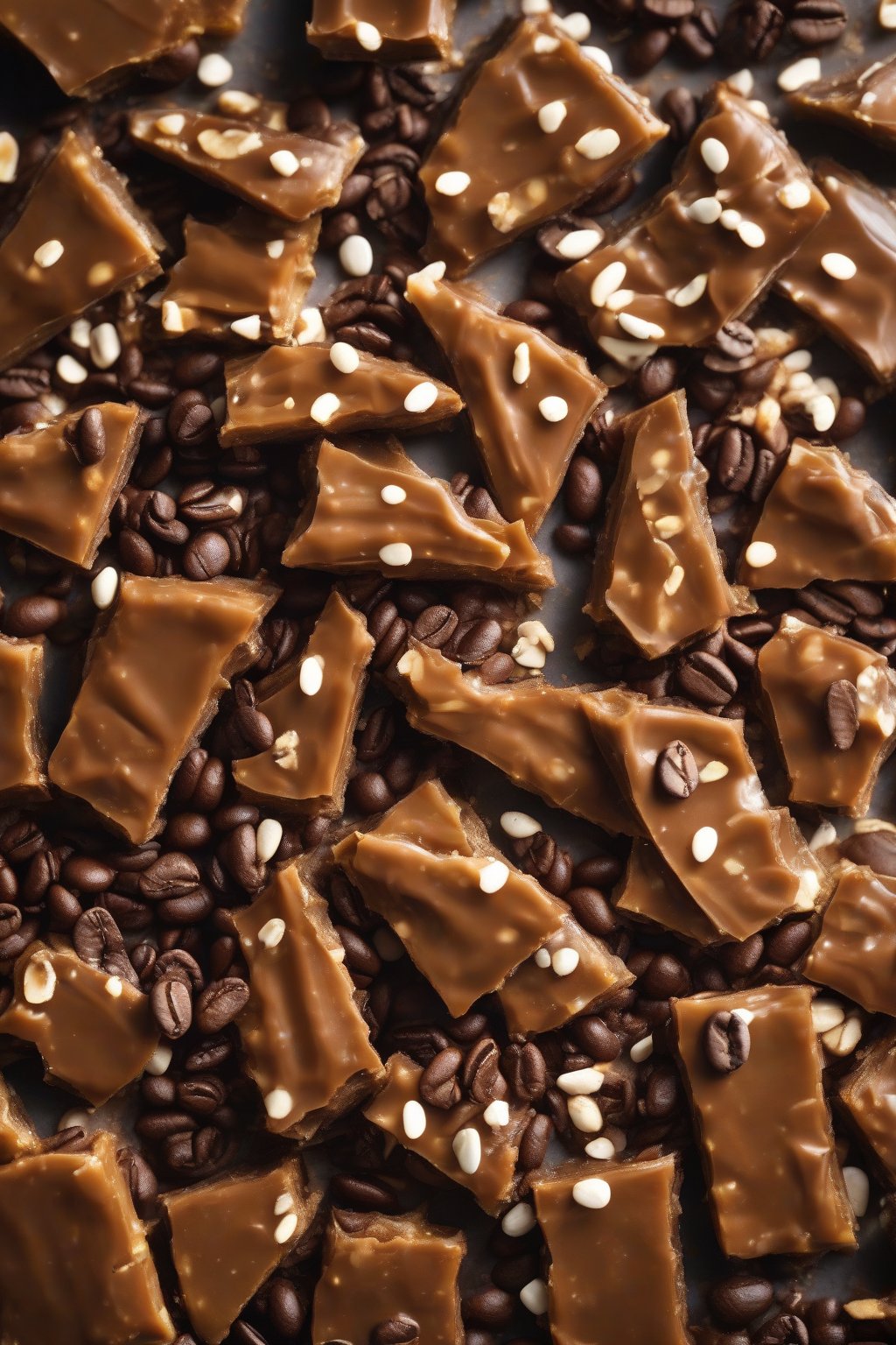 A high-resolution close-up photo of coffee-infused English toffee with bean toppings under soft lighting.