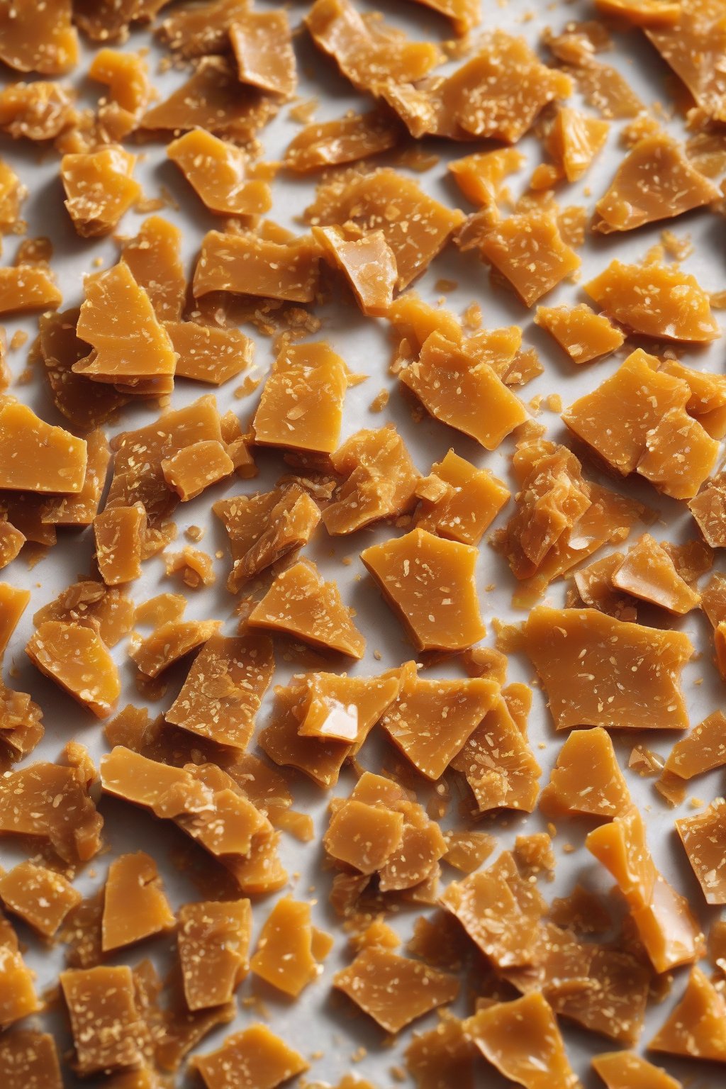 A high-resolution close-up photo of orange zest English toffee with citrus flecks under soft lighting.