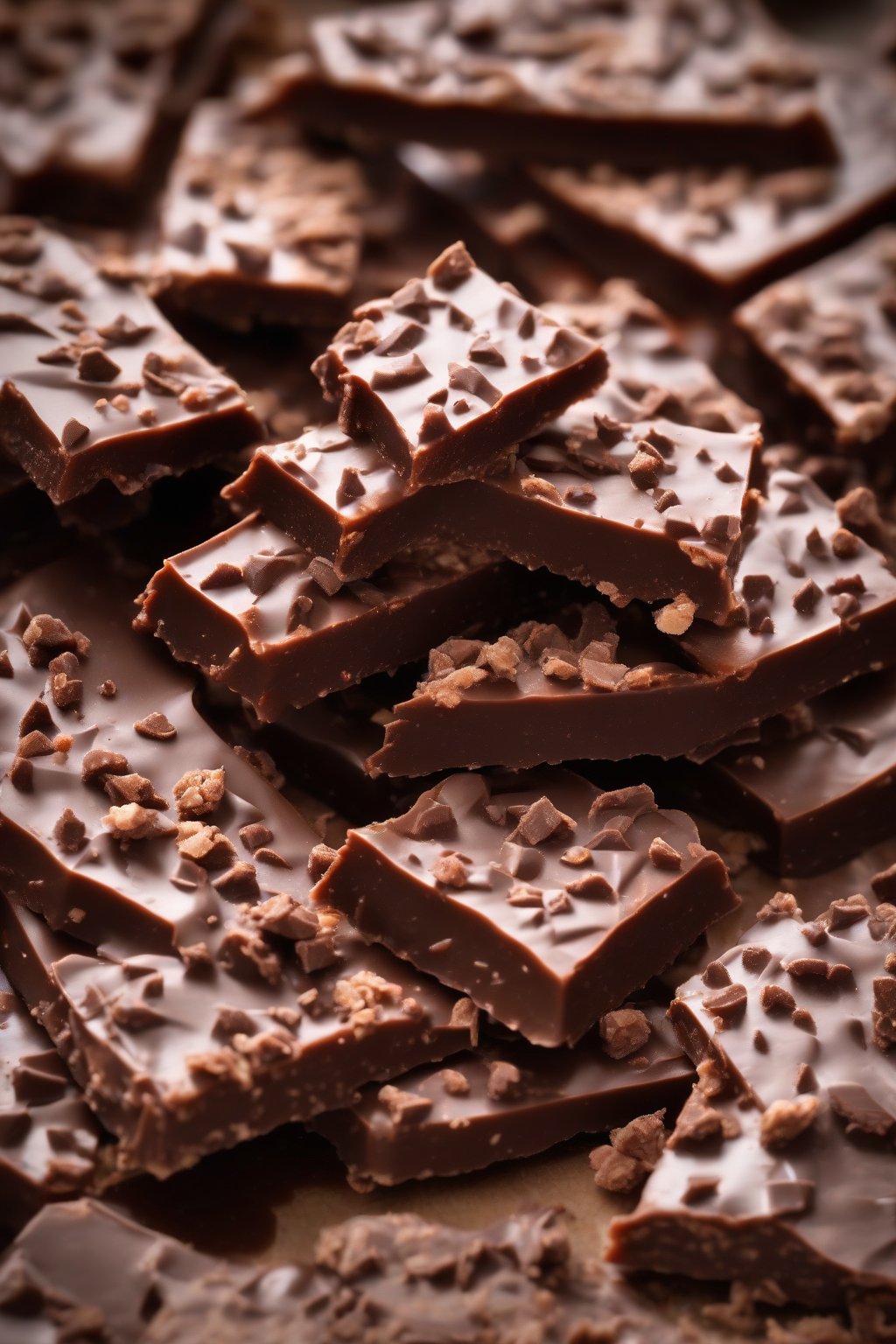 A high-resolution close-up photo of spicy chocolate English toffee with a glossy finish under soft lighting.