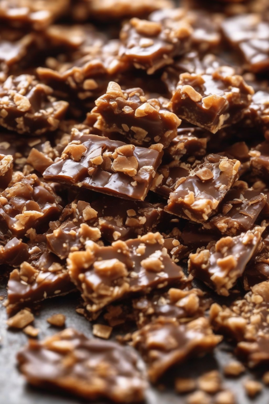 A high-resolution close-up photo of vegan English toffee pieces under soft lighting.