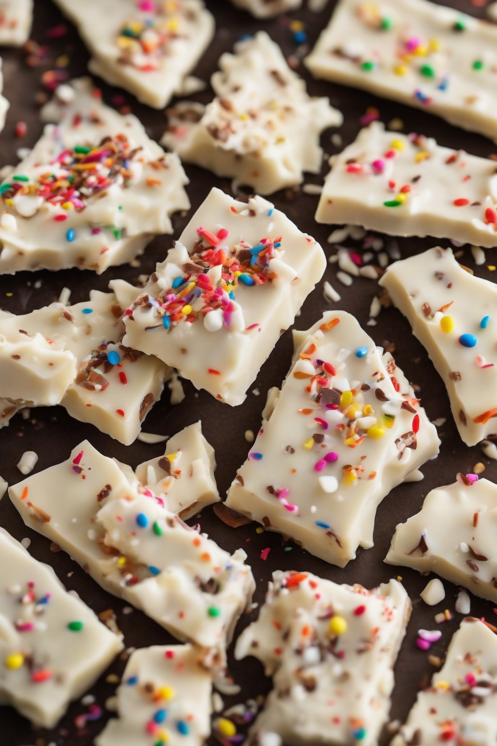 A high-resolution close-up photo of white chocolate English toffee with sprinkles under soft lighting.