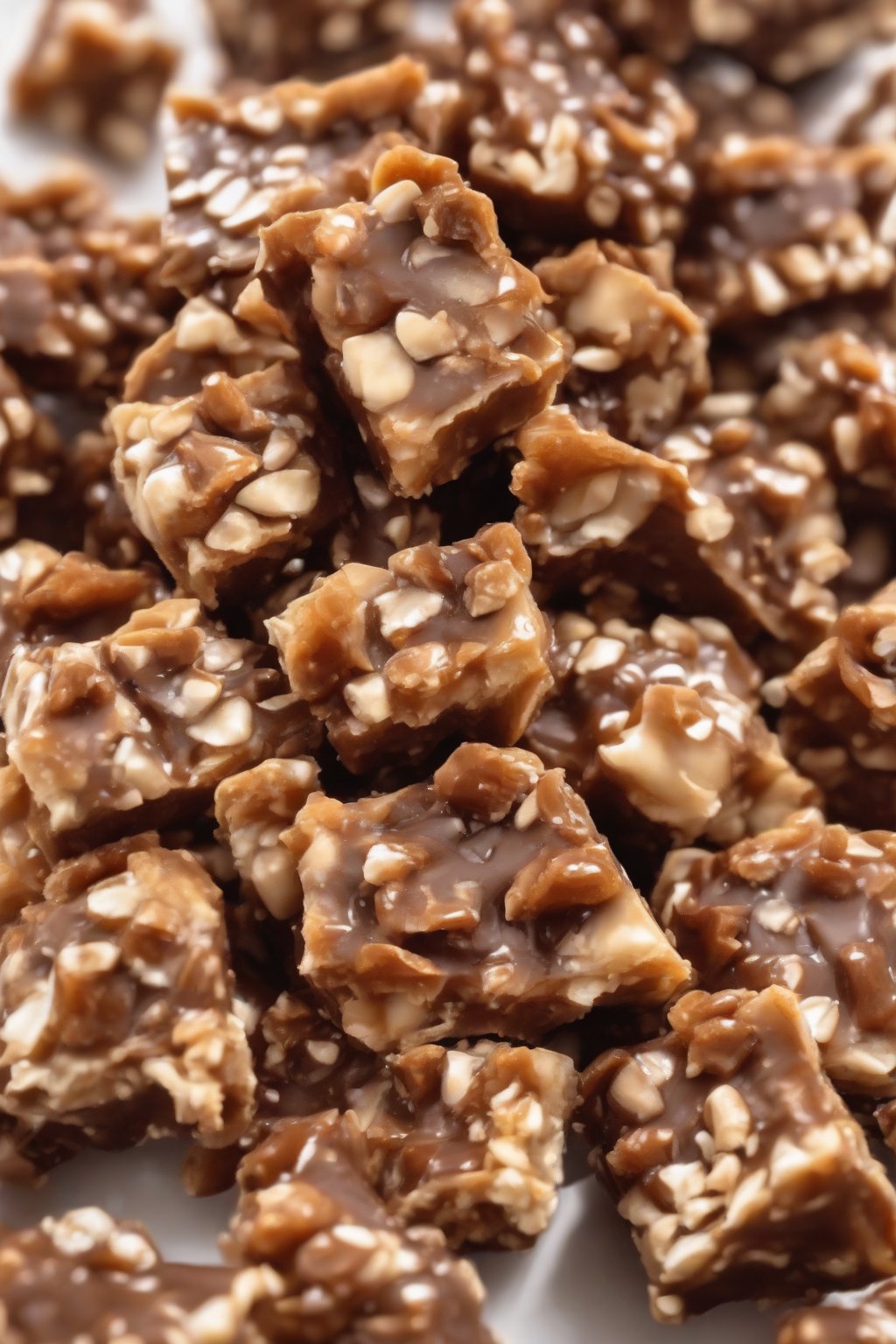 A high-resolution close-up photo of hazelnut English toffee bites under soft lighting.