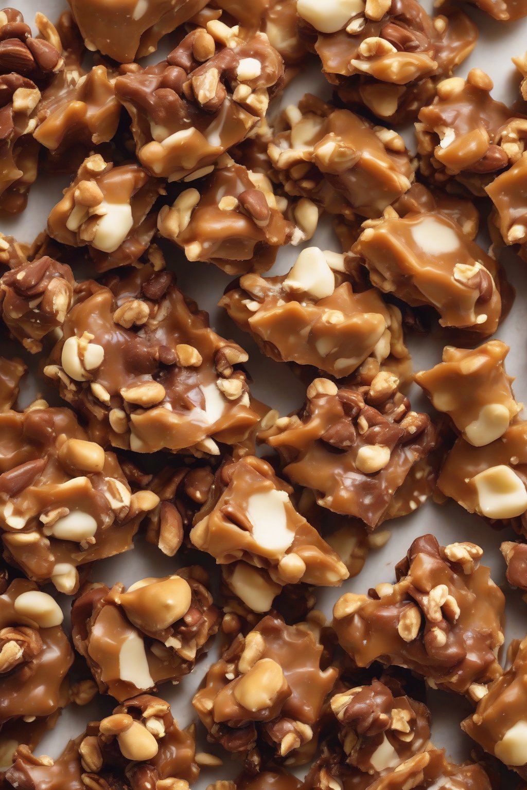 A high-resolution close-up photo of mixed nut English toffee clusters under soft lighting.