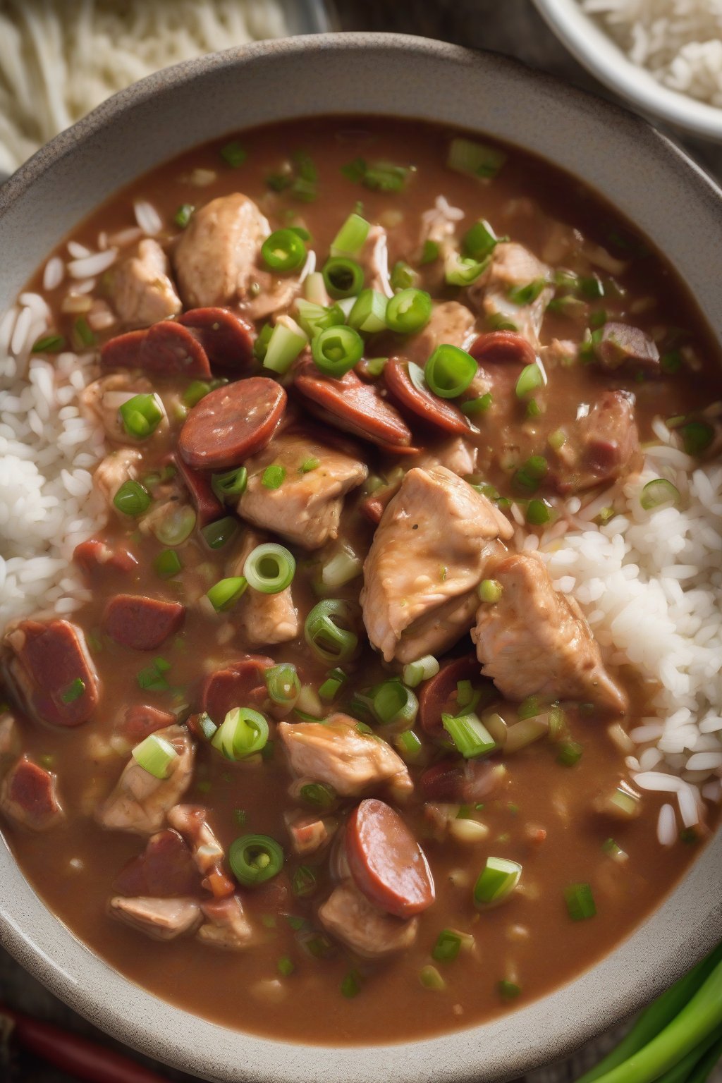 A high-resolution photo of a steaming bowl of classic chicken and andouille gumbo topped with green onions, served over fluffy rice, under soft lighting.