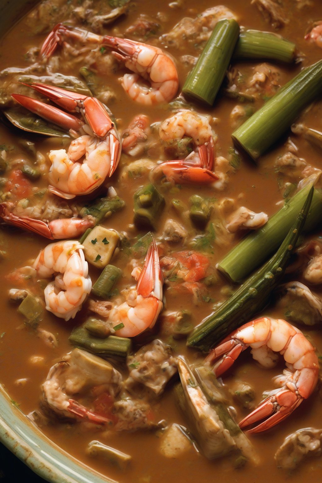 A high-resolution photo of vibrant seafood gumbo laden with shrimp, crab claws, and okra slices in a deep bowl, under soft lighting.