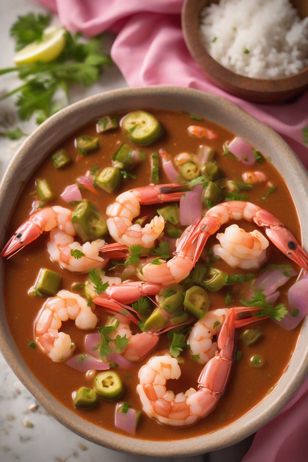 A high-resolution photo of shrimp and okra gumbo with glossy sauce and pink shrimp peeking through, garnished with parsley, under soft lighting.