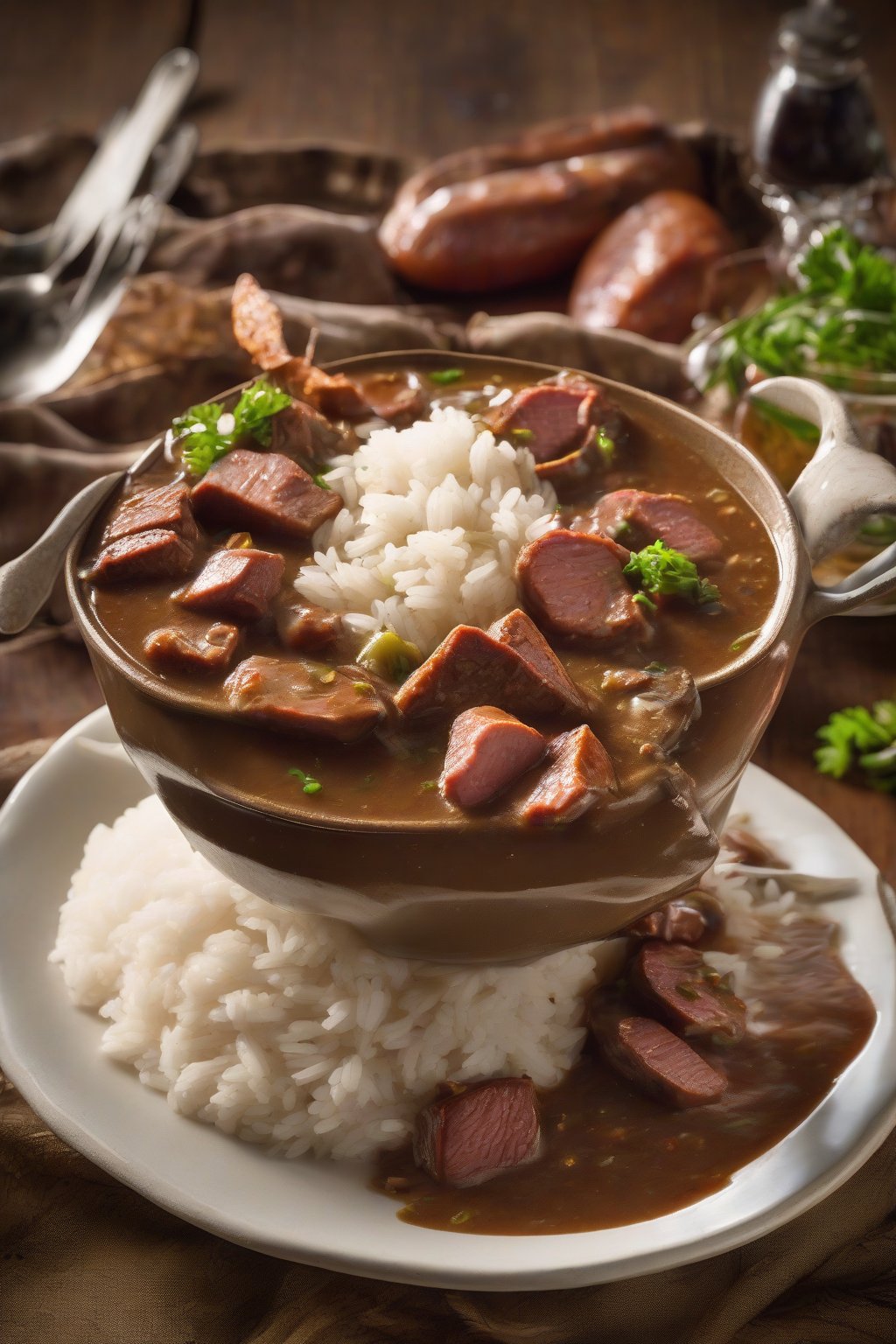A high-resolution photo of rich duck and andouille gumbo with tender meat chunks and dark roux gravy over rice, under soft lighting.