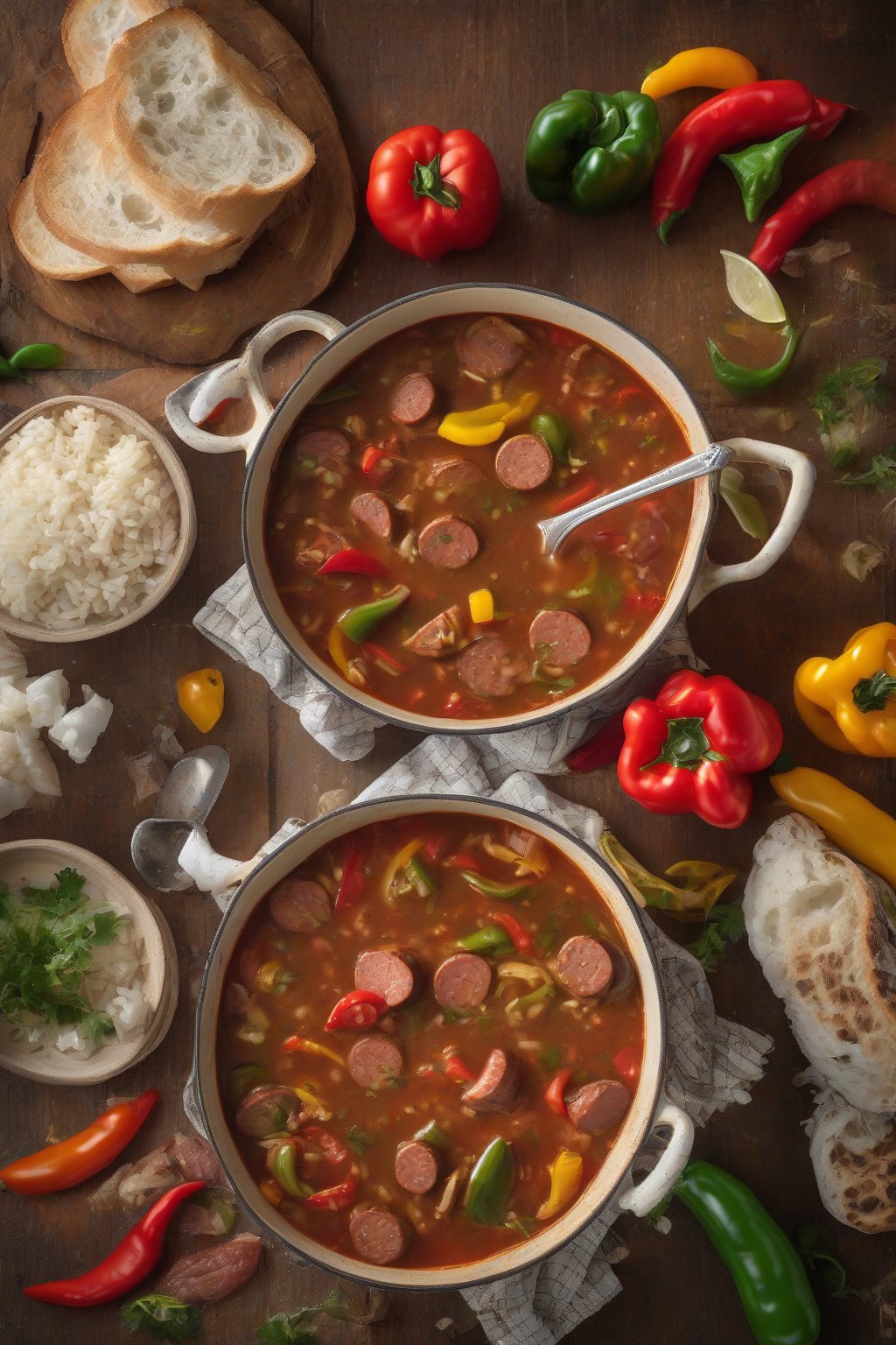 A high-resolution photo of tomatoey Creole gumbo with sausage slices and colorful peppers, steaming invitingly, under soft lighting.