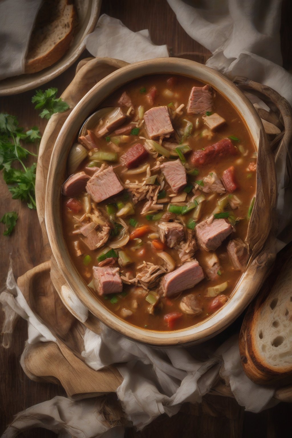 A high-resolution photo of hearty turkey gumbo with shredded meat and sausage in a rustic bowl, under soft lighting.