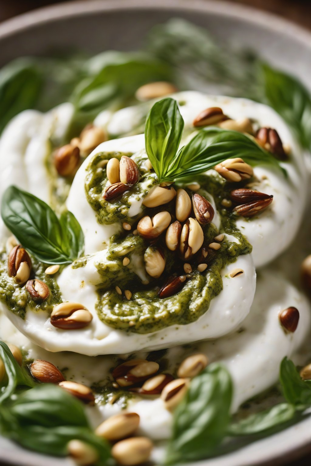 A high-resolution close-up photo of pesto-swirled burrata with pine nuts under soft lighting.