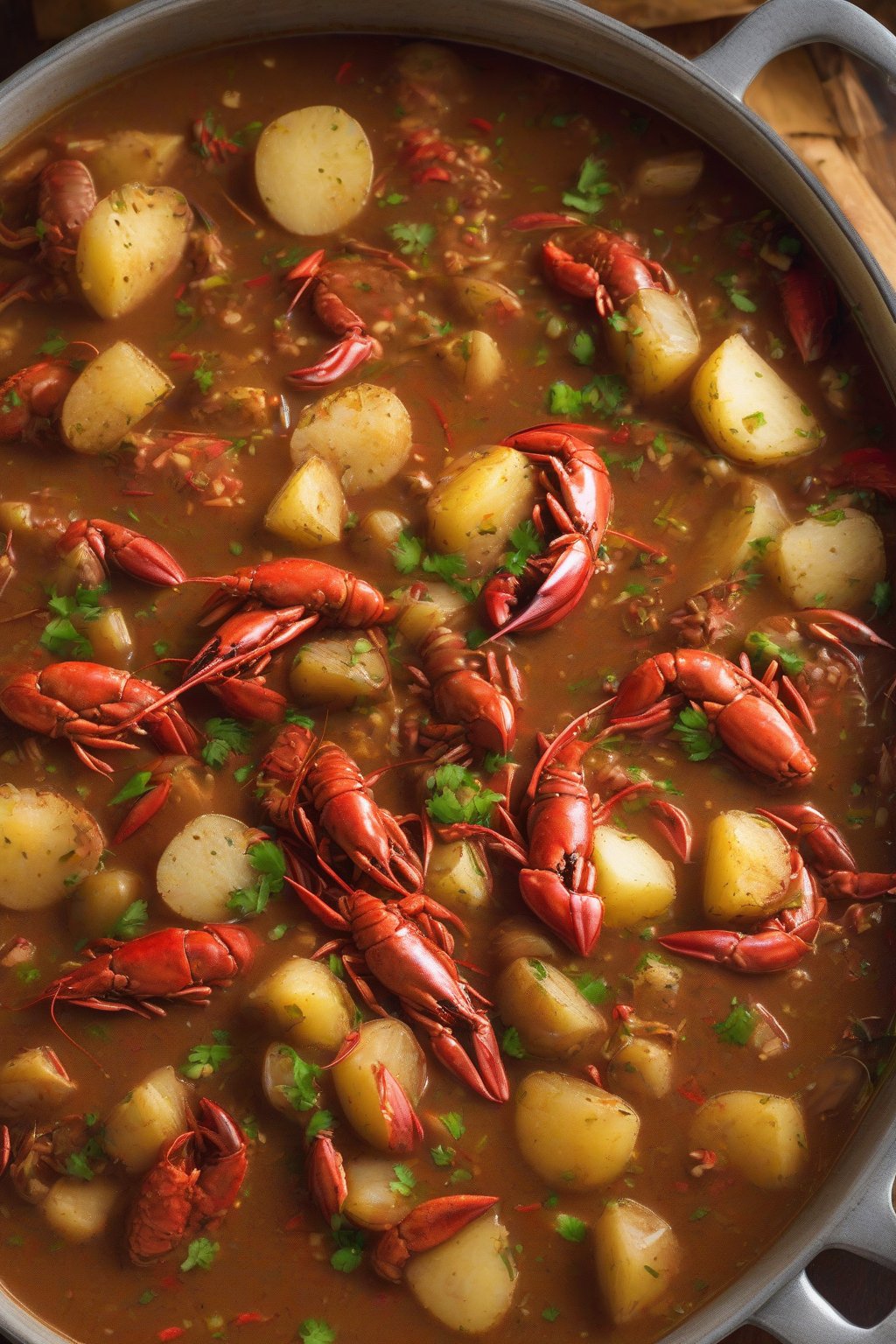 A high-resolution photo of crawfish gumbo brimming with tails, potatoes, and spice flecks, under soft lighting.