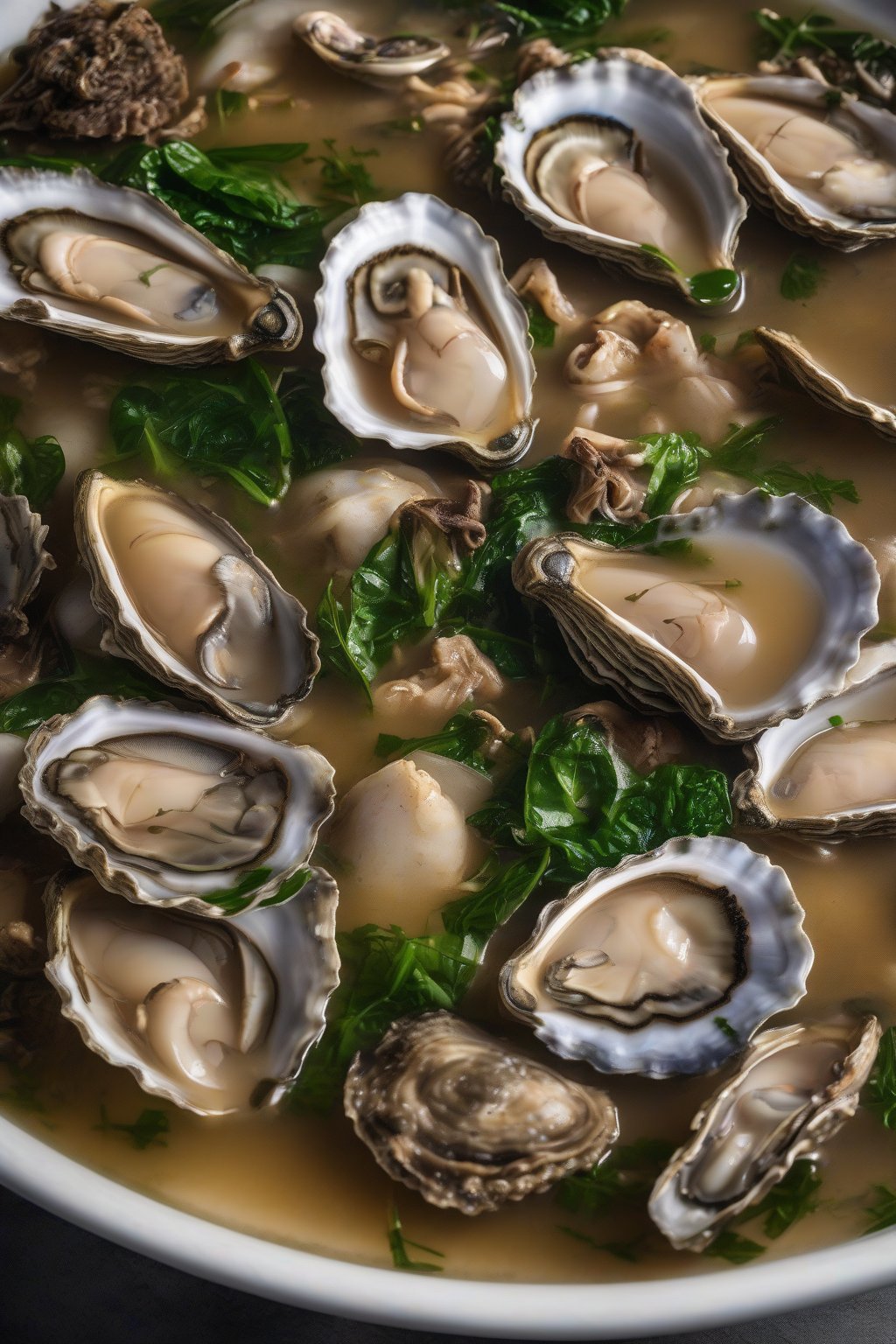 A high-resolution photo of elegant oyster gumbo with plump oysters and wilted greens in clear broth, under soft lighting.