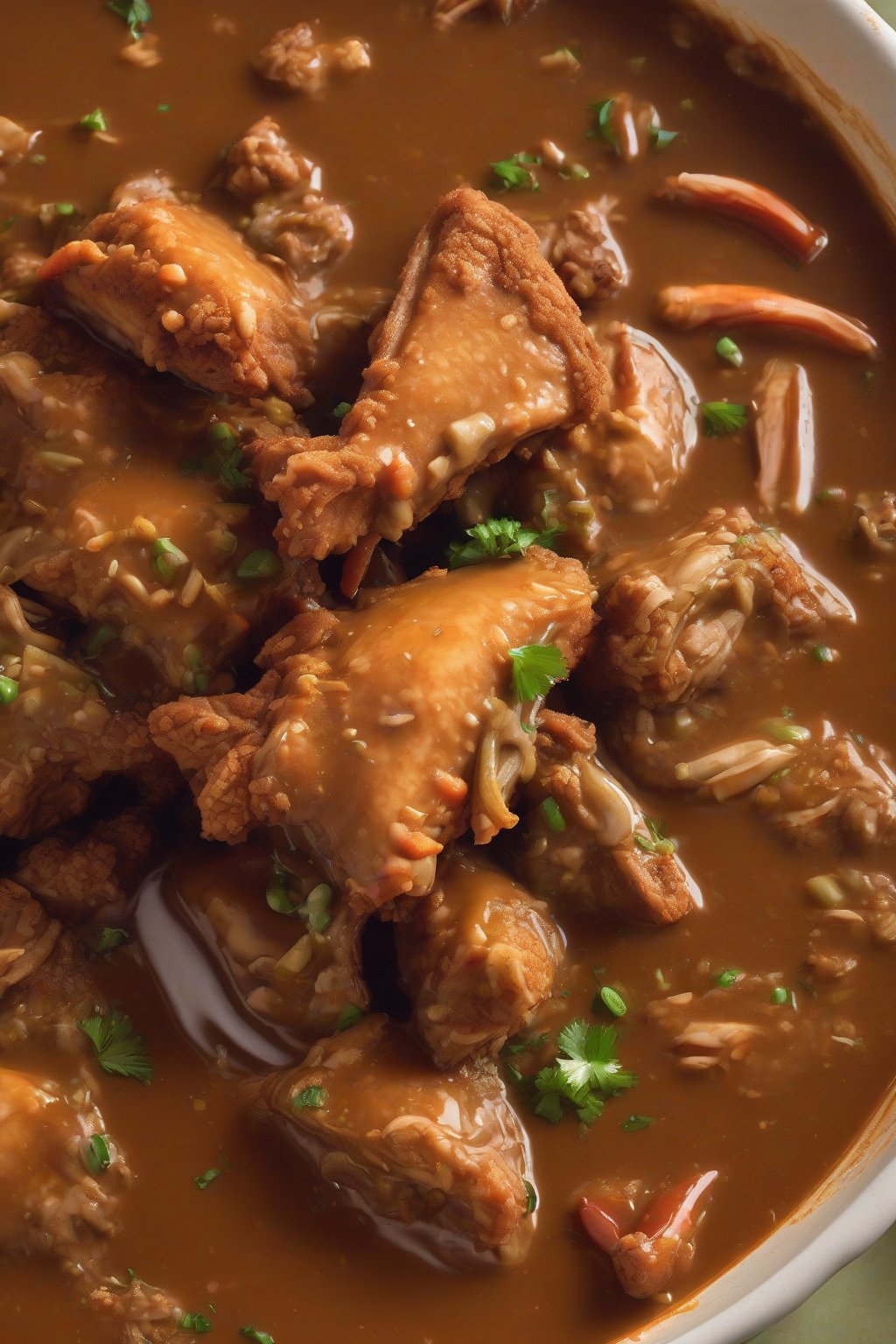 A high-resolution photo of Gumbo Ya Ya with crispy wing edges and thick gravy, piled high, under soft lighting.