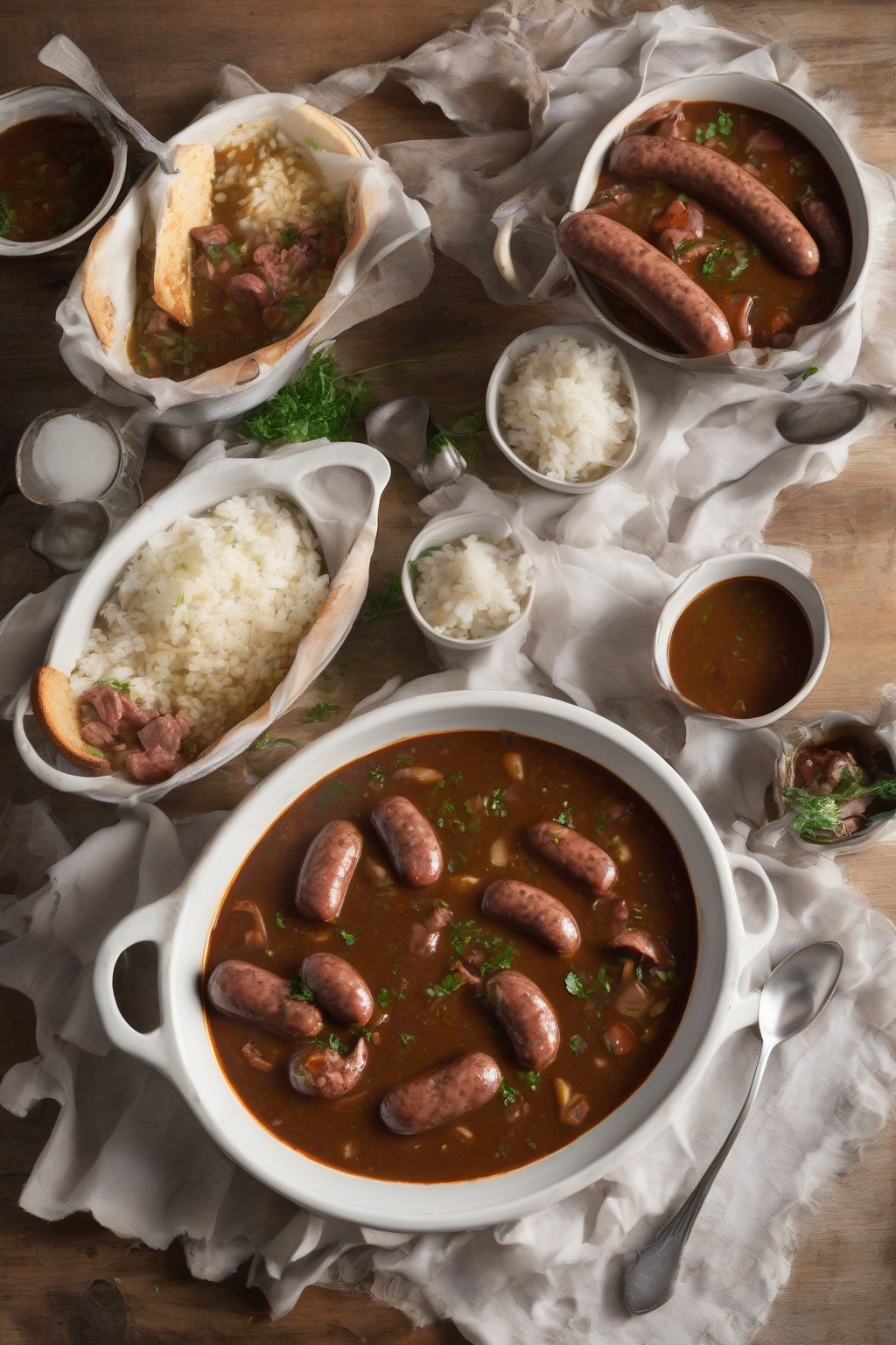 A high-resolution photo of intensely smoky sausage and tasso gumbo with glossy roux, under soft lighting.