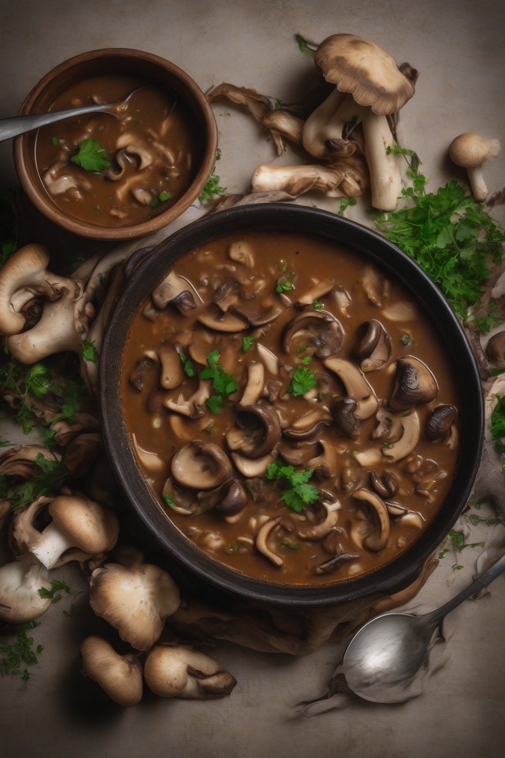 A high-resolution photo of earthy vegetarian mushroom gumbo with wild mushrooms and thick sauce, under soft lighting.