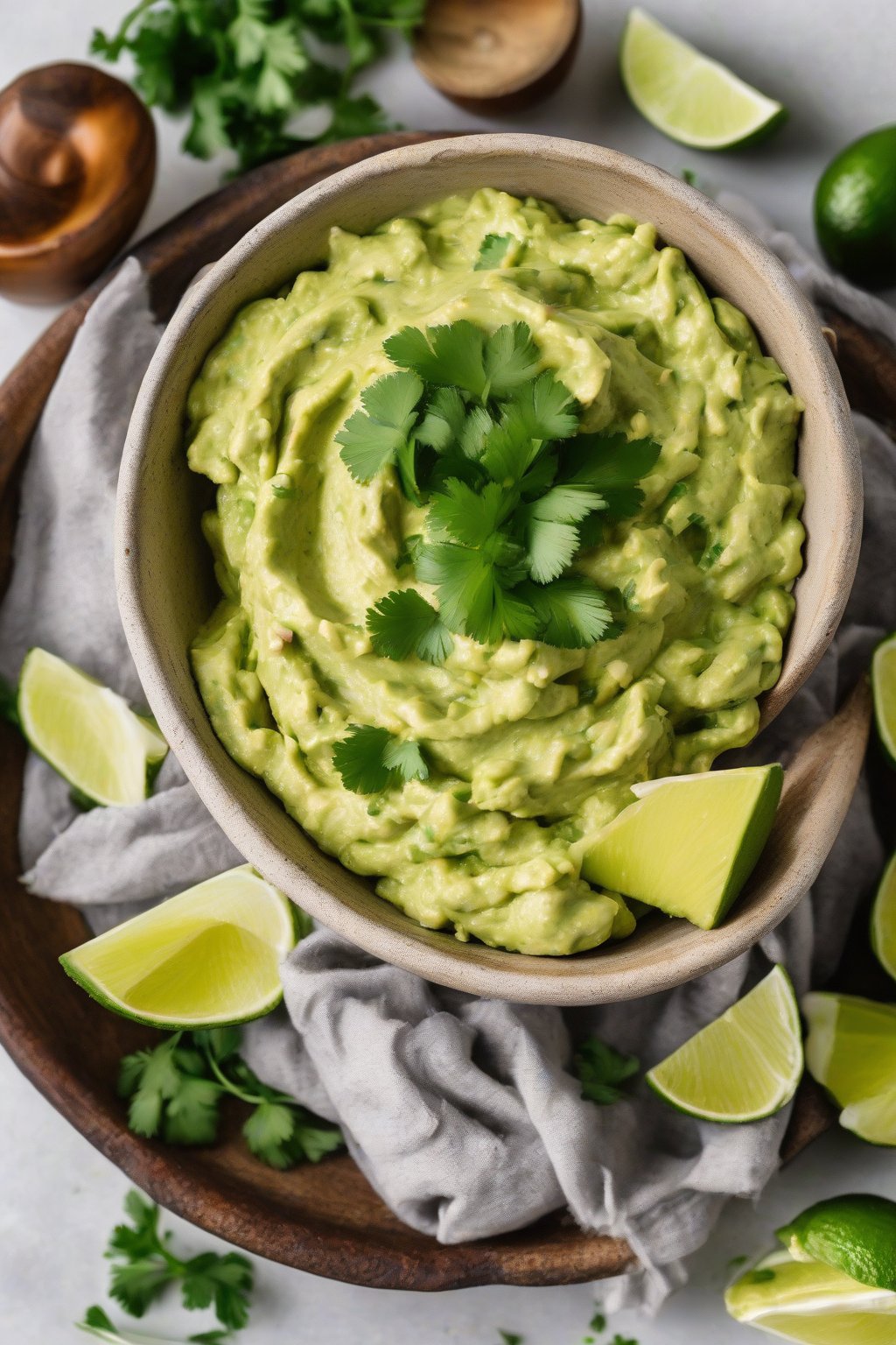A high-resolution photo of classic creamy guacamole in a rustic bowl, topped with cilantro and lime wedges, under soft lighting.