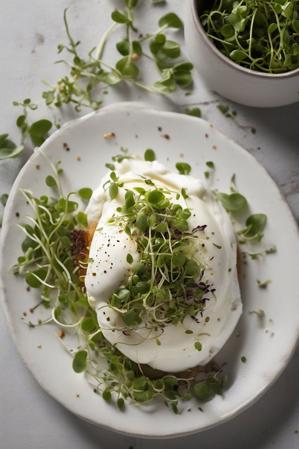 A high-resolution close-up photo of truffled burrata topped with microgreens under soft lighting.