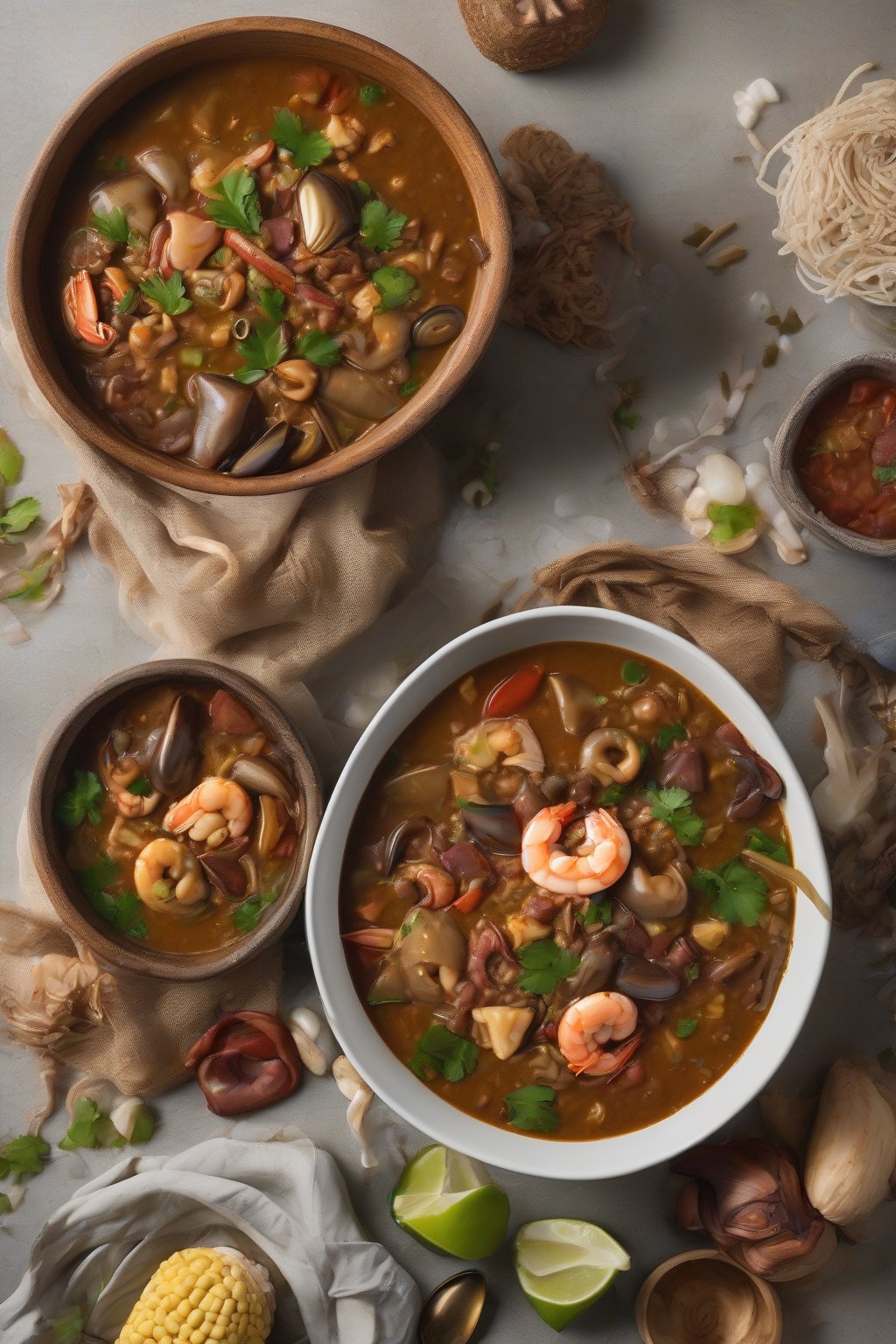A high-resolution photo of vegan seafood-style gumbo with textured jackfruit and palm hearts, vibrantly colored, under soft lighting.