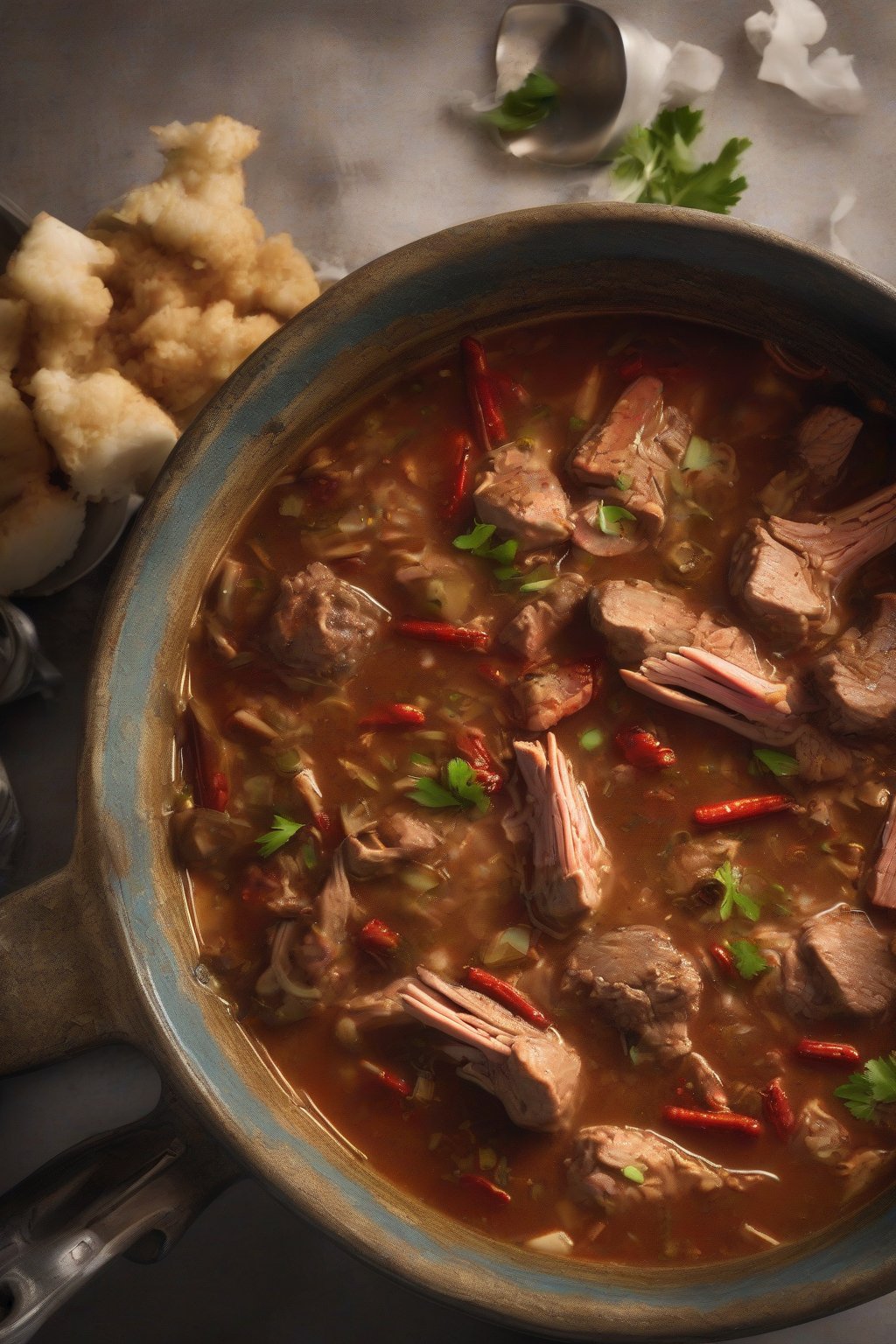 A high-resolution photo of spicy rabbit gumbo with lean meat and fiery red flecks, steaming hot, under soft lighting.