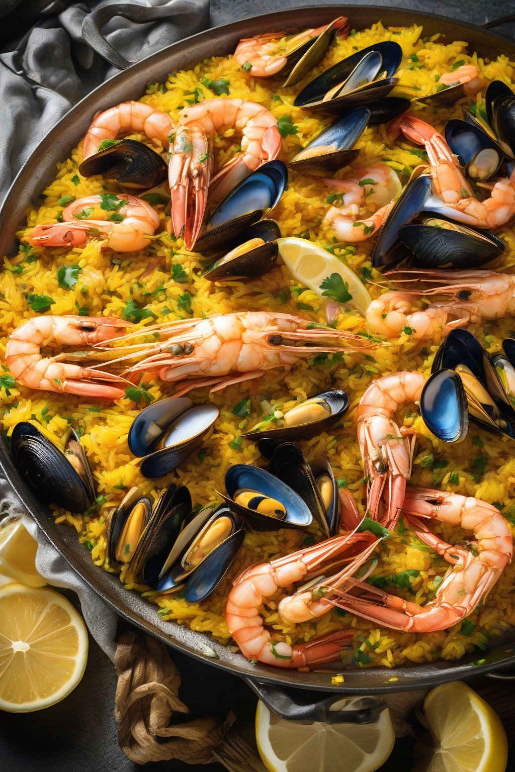 A high-resolution photo of classic seafood paella with golden rice, plump shrimp, mussels, and lemon wedges, steam rising under soft lighting.