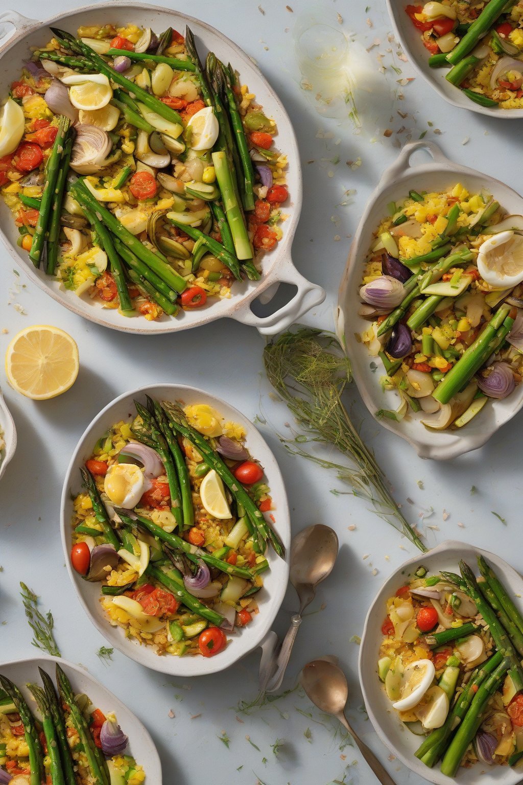 A high-resolution photo of vegetarian paella primavera with colorful asparagus, artichokes, and zucchini atop fluffy rice under soft lighting.