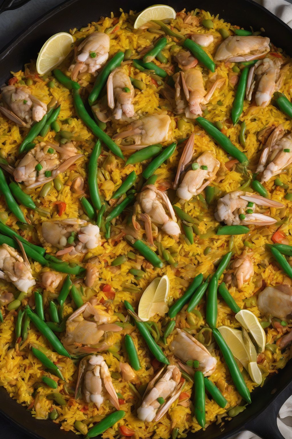 A high-resolution photo of Paella Valenciana with rabbit pieces, green beans, and saffron-infused rice in a wide pan under soft lighting.