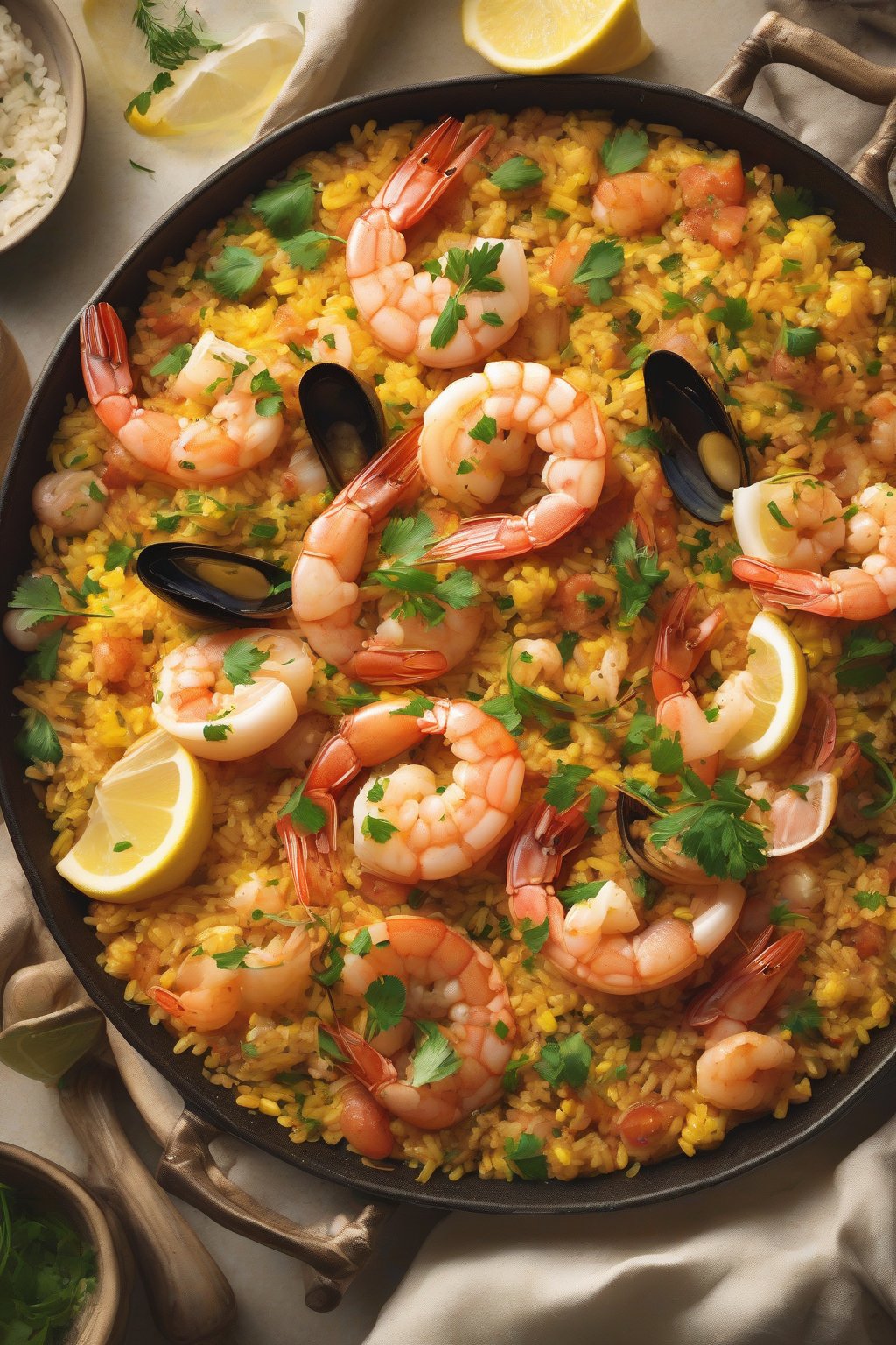 A high-resolution photo of shrimp and scallop paella with glossy seafood over creamy rice, fresh herbs scattered under soft lighting.