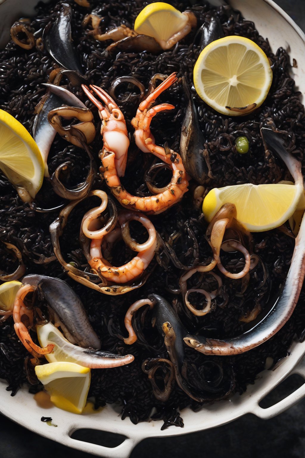 A high-resolution photo of black ink paella with glossy dark rice, tender squid rings, and lemon zest under soft lighting.
