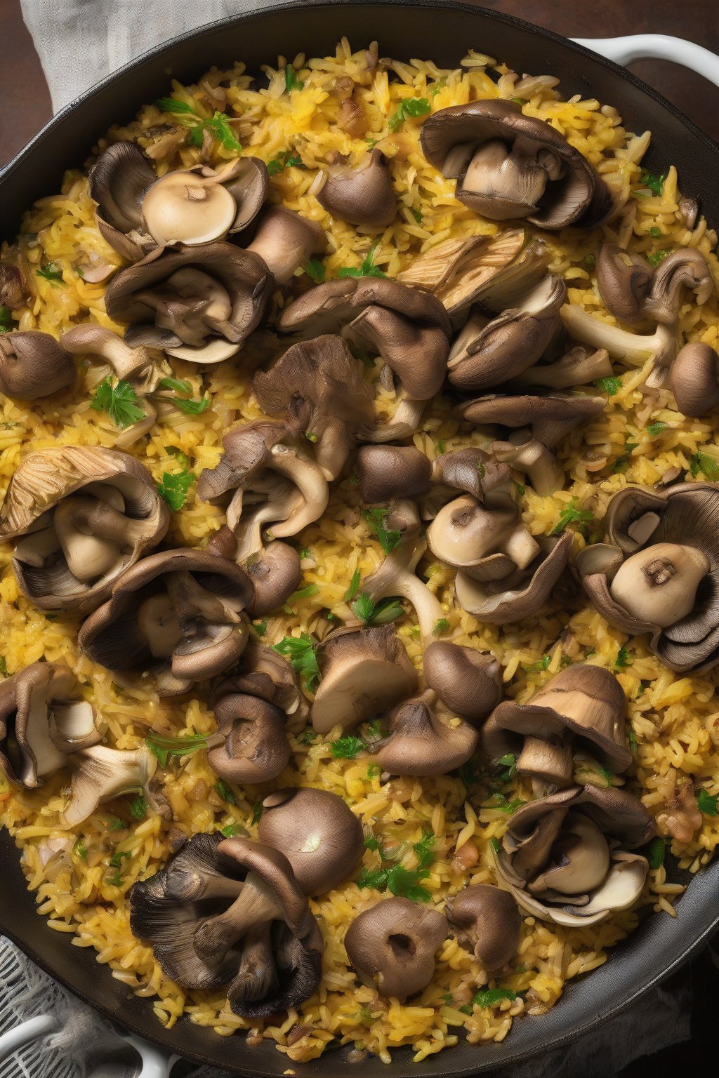 A high-resolution photo of mushroom and artichoke paella with foraged mushrooms and tender hearts on golden rice under soft lighting.