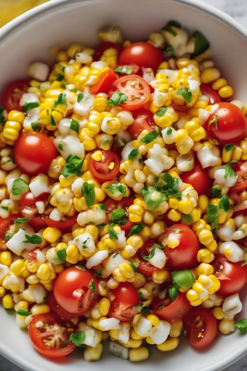 A high-resolution close-up photo of the vibrant classic corn and tomato salad in a white bowl, kernels glistening with vinaigrette under soft lighting.