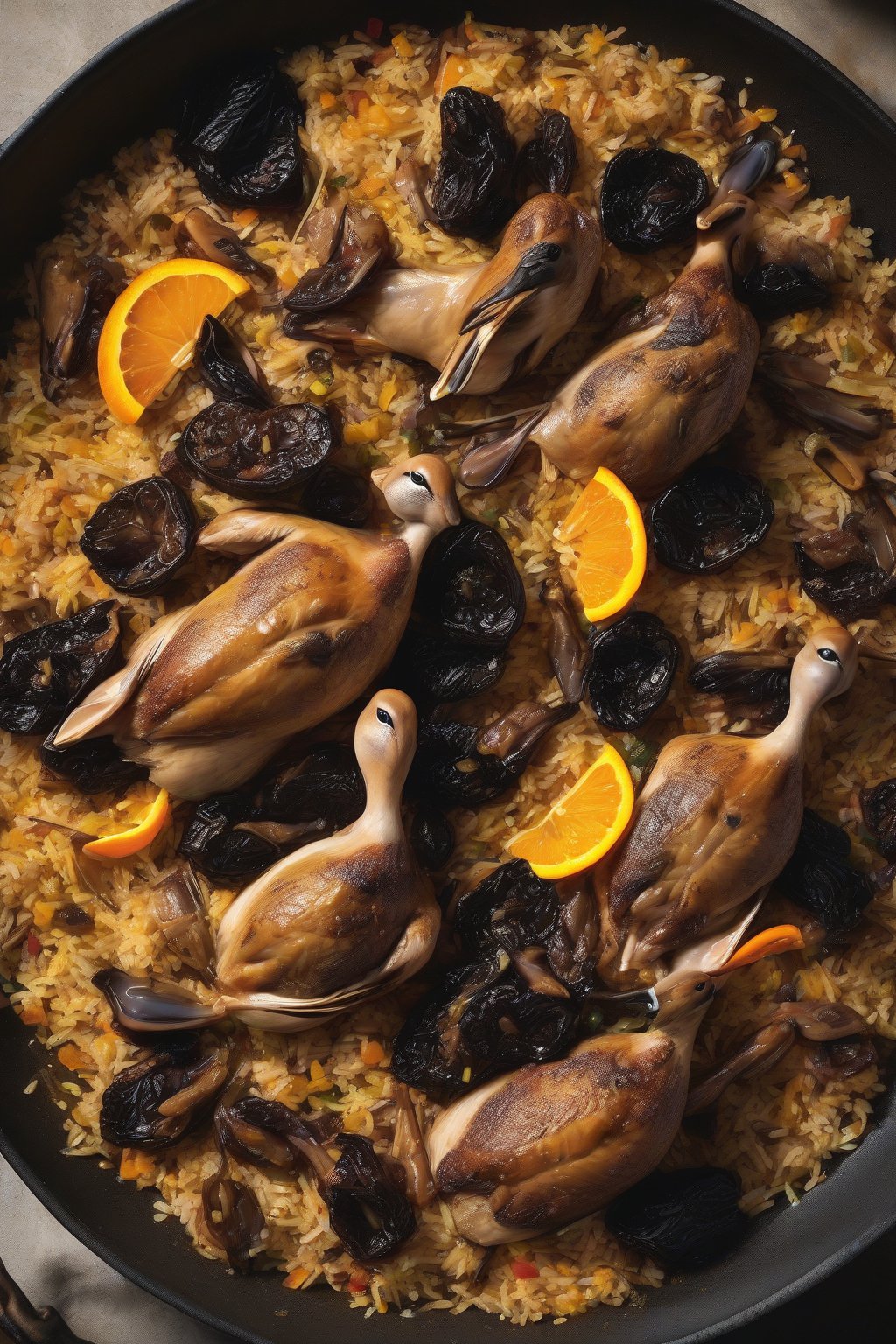 A high-resolution photo of duck confit paella with shredded duck, prunes, and orange accents over aromatic rice under soft lighting.